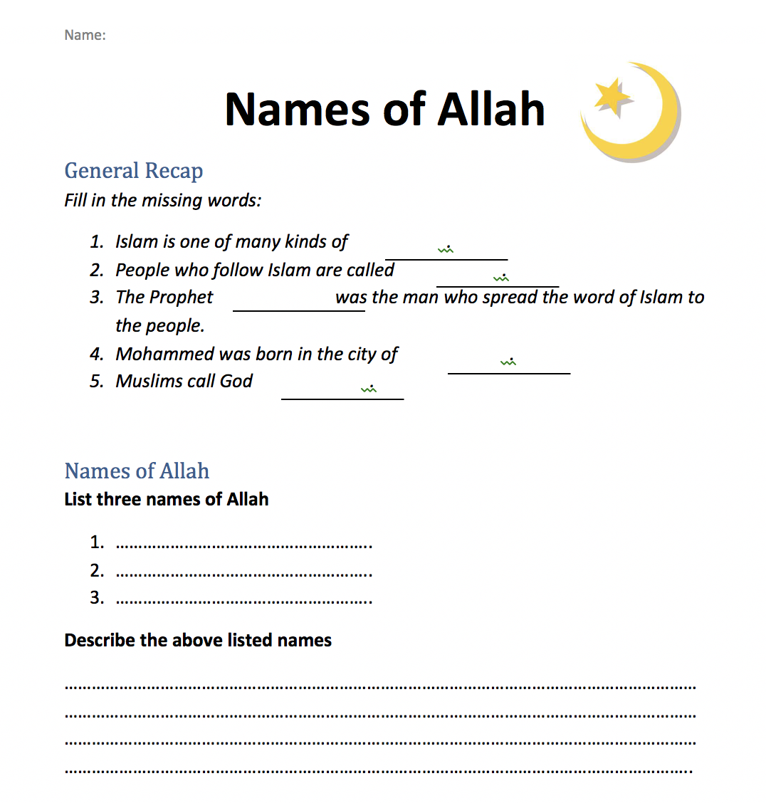 Names of Allah Starter Worksheet – Safar Resources