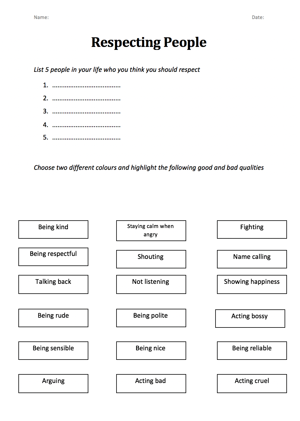 Respecting People – Worksheet – Safar Resources – Beta