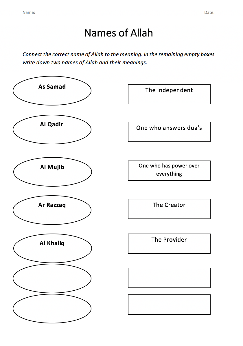 Names of Allah Recap Worksheet – Safar Resources